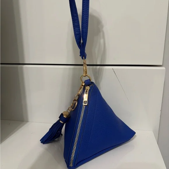 Royal Blue Leather Pyramid Shaped Handbag with Tassel Keychain - Picture 2 of 4